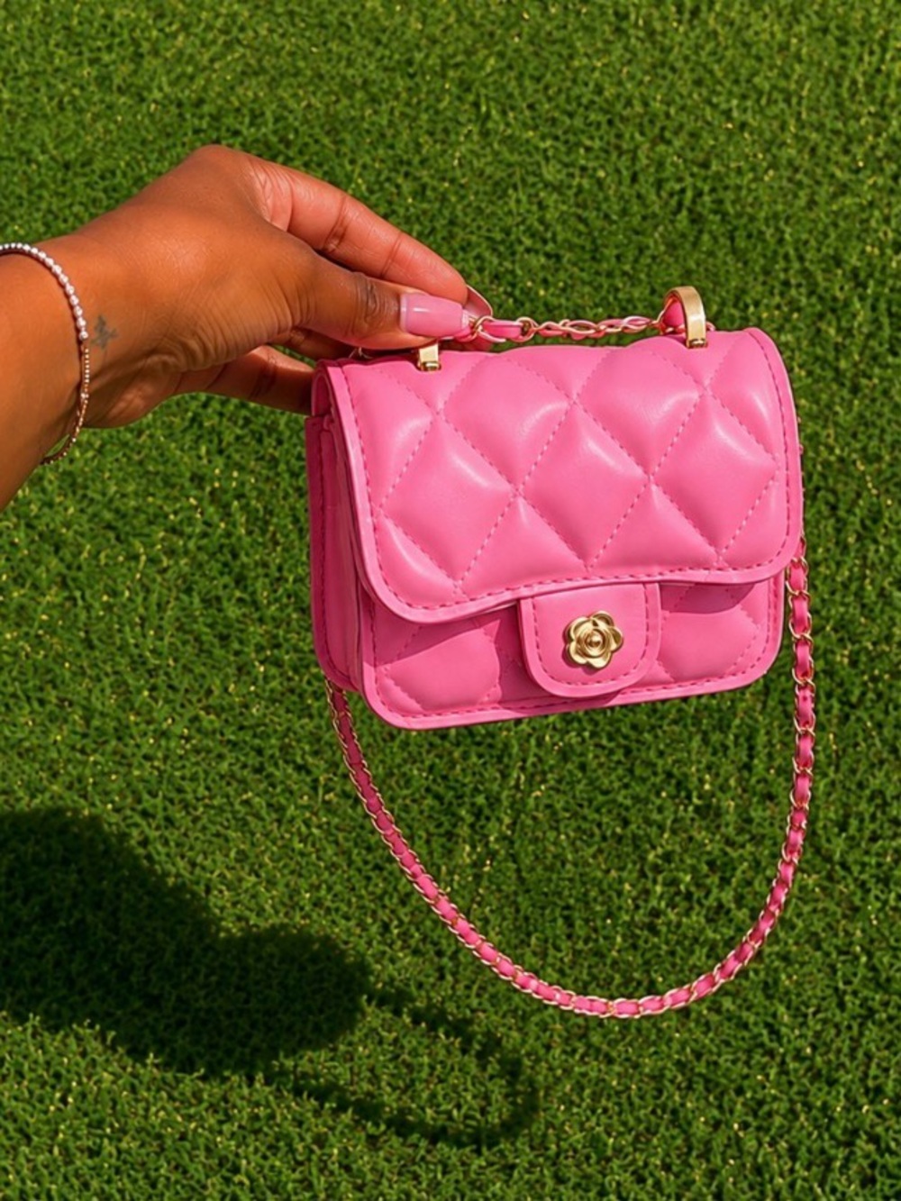 Pink Quilted Crossbody Bag with Gold Hardware